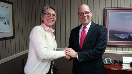 LTLT Executive Director shakes hands with hands with Rabun Gap-Nacoochee School Head of School Dr. Anthony Sgro after signing conservation easement papers.